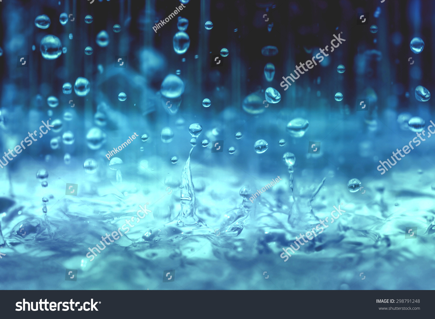blue color tone of close up rain water drop falling to the floor  in rainy season  #298791248