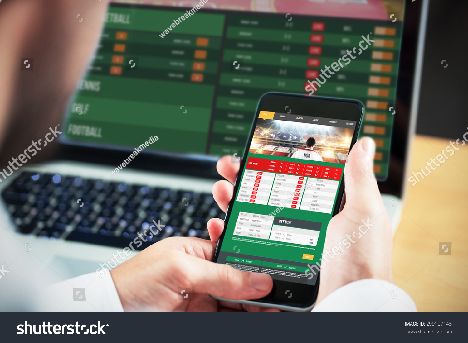 Businessman using smartphone against gambling app screen #299107145