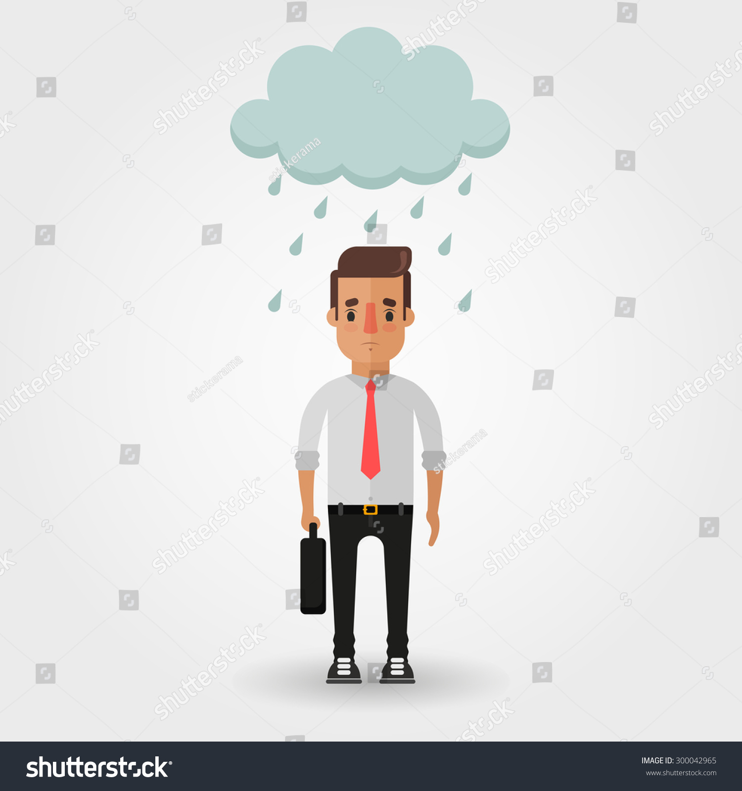 Sad Cartoon Office Worker Under the Rainy Cloud. Bad Day Concept #300042965