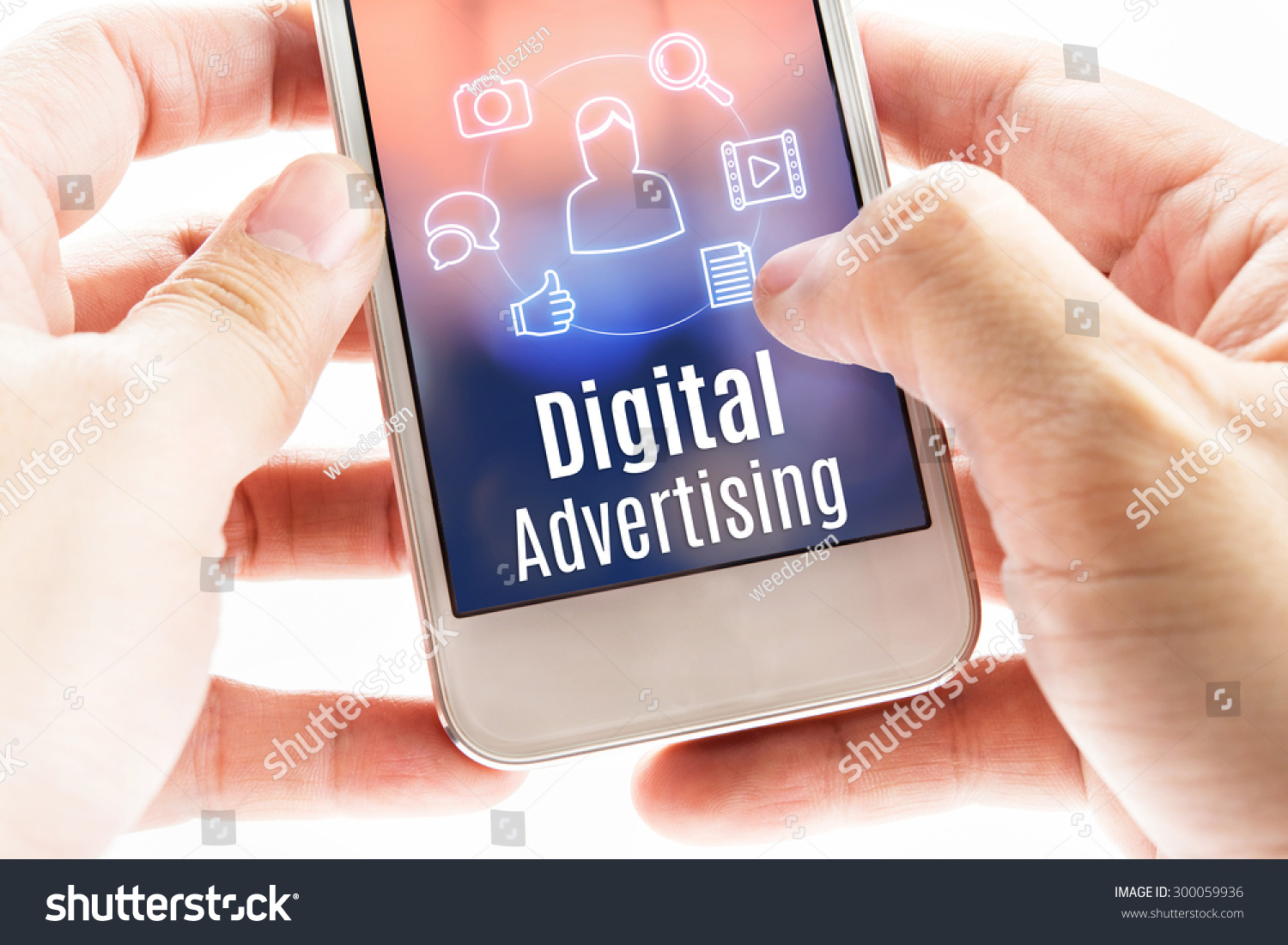 Close up hand holding mobile with Digital Advertising and icons, Digital Marketing concept. #300059936