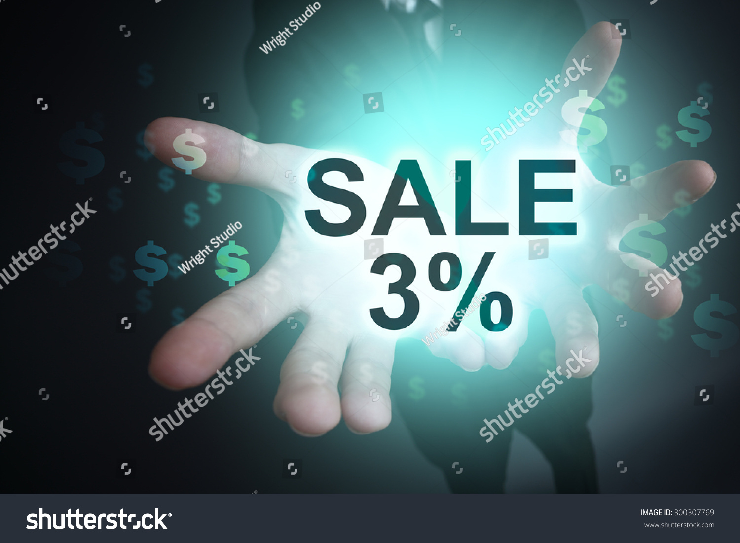 Glowing text "Sale 3%" in the hands of a businessman. Business concept.  #300307769
