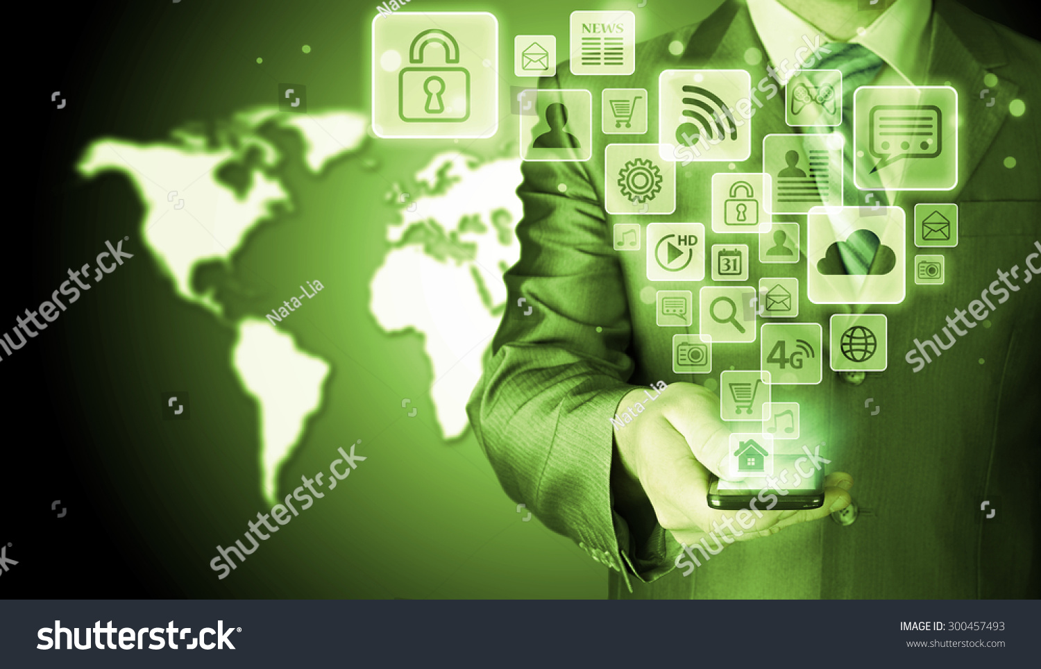 Business man using smart phone with social media icon set #300457493