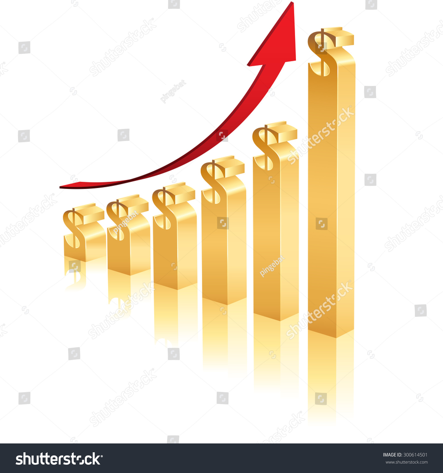 A Business Graph showing an increase in profits using 3D gold bars topped by a dollar symbol #300614501