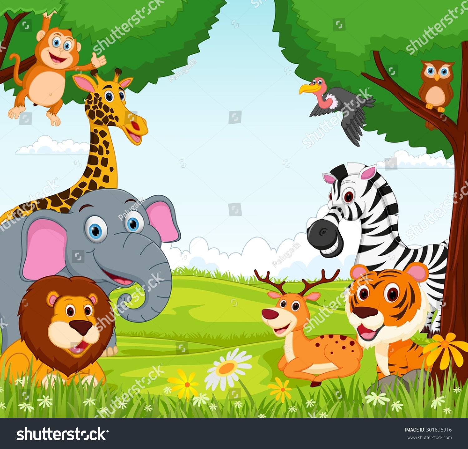 Animal cartoon in the jungle - Royalty Free Stock Vector 301696916 ...