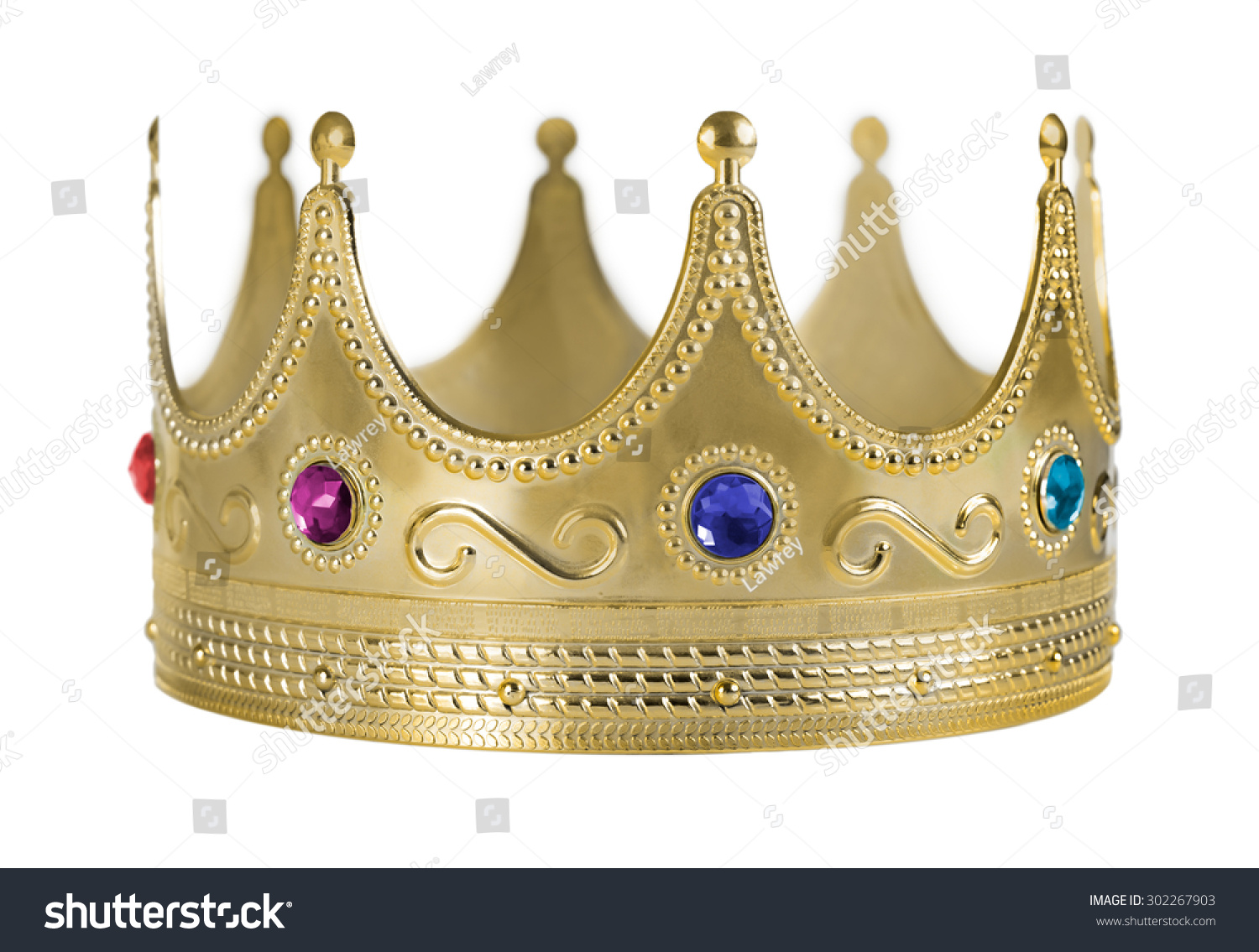 Golden crown replica with gem stones isolated on white background. #302267903