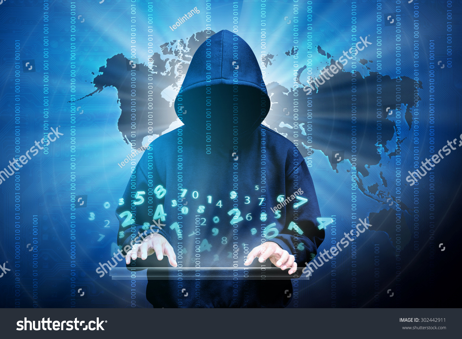 Computer hacker silhouette of hooded man with binary data and network security terms #302442911