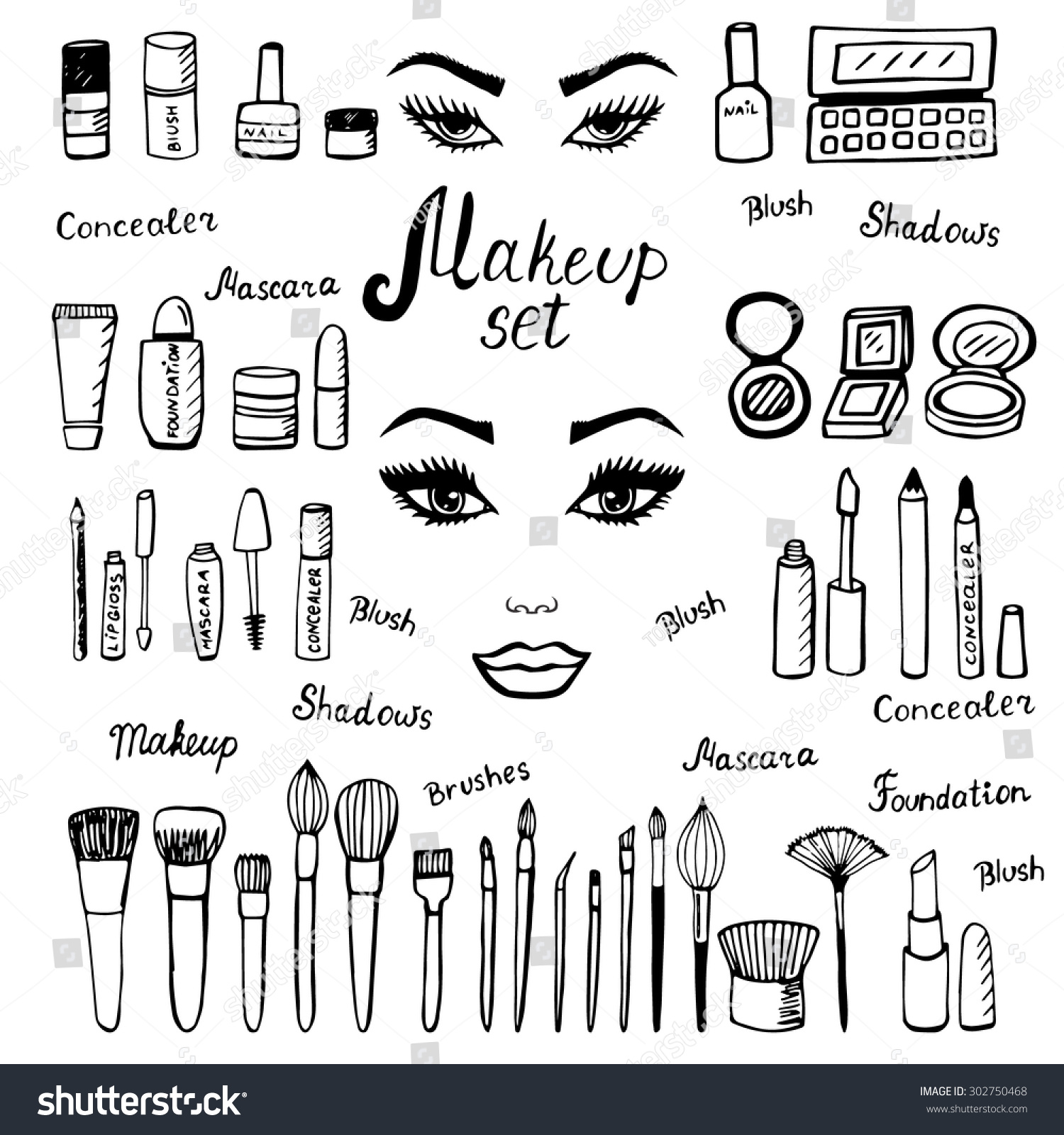 Royalty Free Make Up Kit Doodle Makeup Set 302750468 Stock Photo