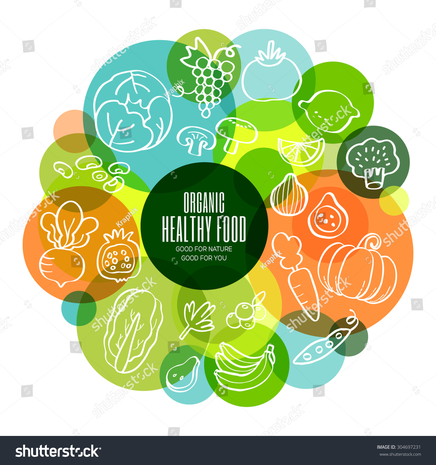 Organic healthy fruits and vegetables conceptual doodles illustration #304697231