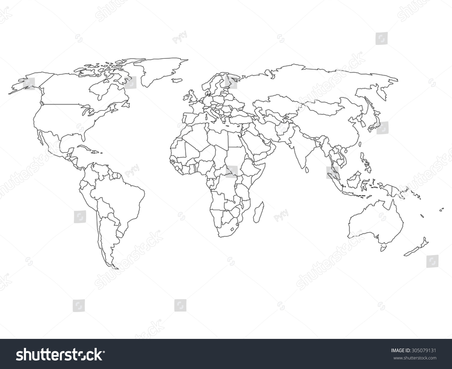 World map with country borders, thin black outline on white background #305079131