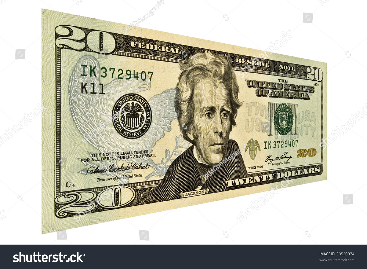 Single $20 USD bill isolated on white #30530074