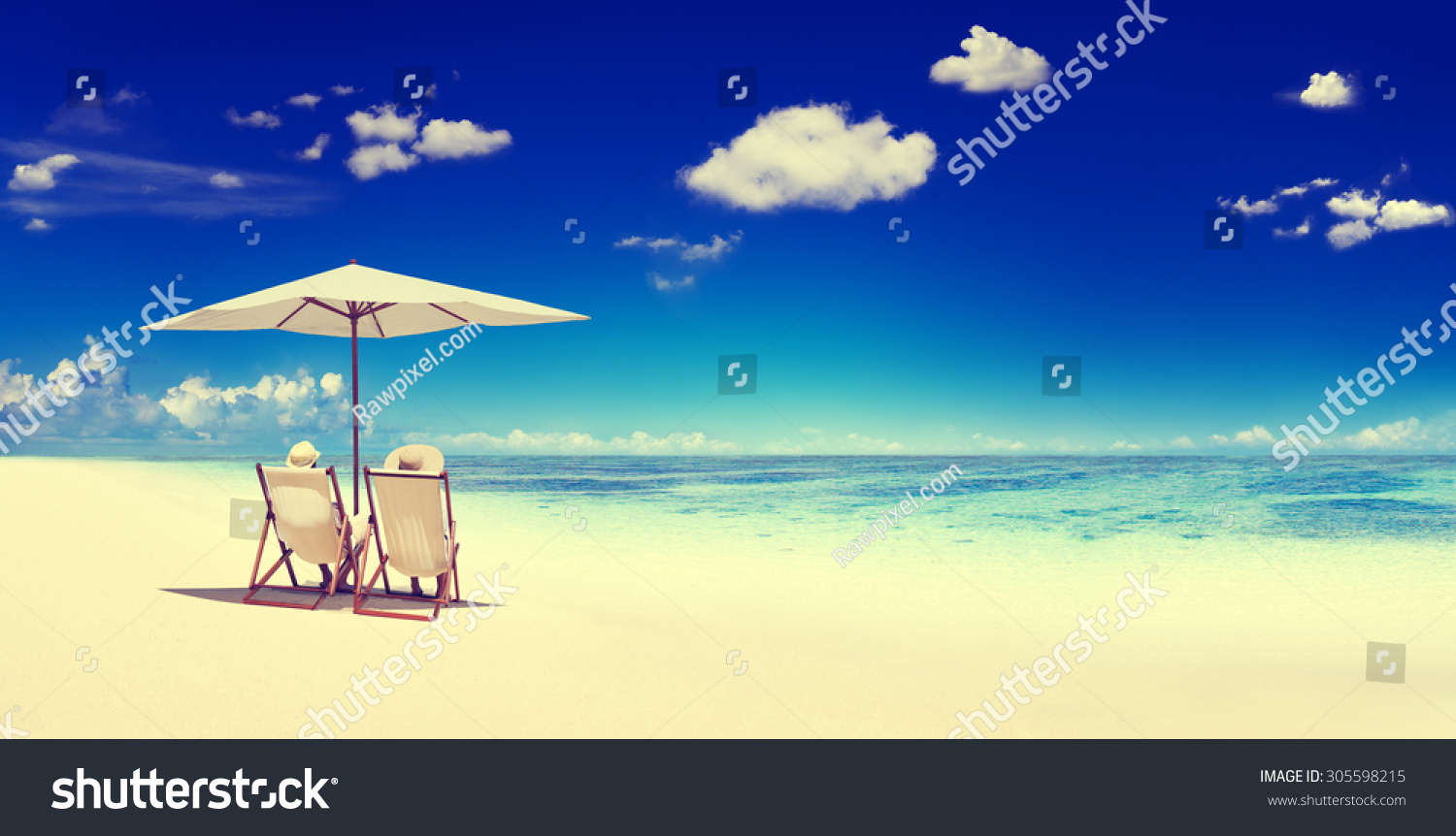 Couple Sitting Beach Summer Getaway Concept #305598215