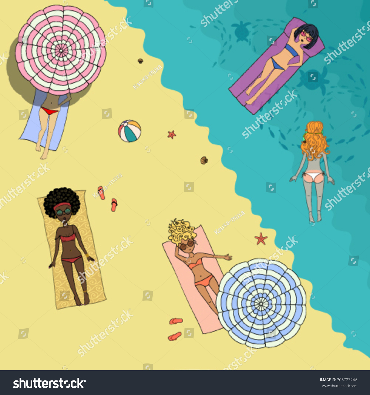 Hand Drawn Girls Sunbathing Royalty Free Stock Vector Avopix Com