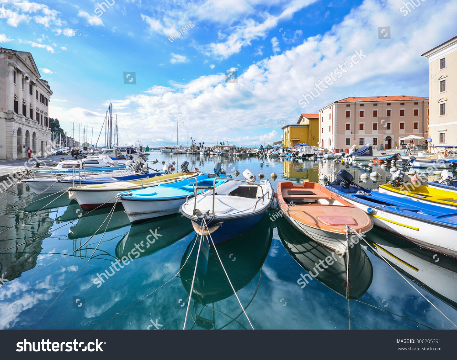A view of the Venetian port city of Piran facing the Adriatic sea , Piran, Slovenia #306205391