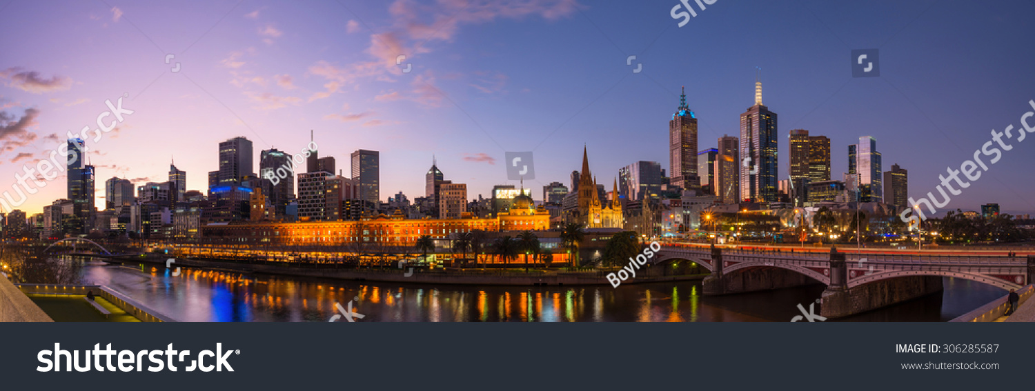 Melbourne cityscape after sunset in Victoria state, Australia. Panorama view. #306285587