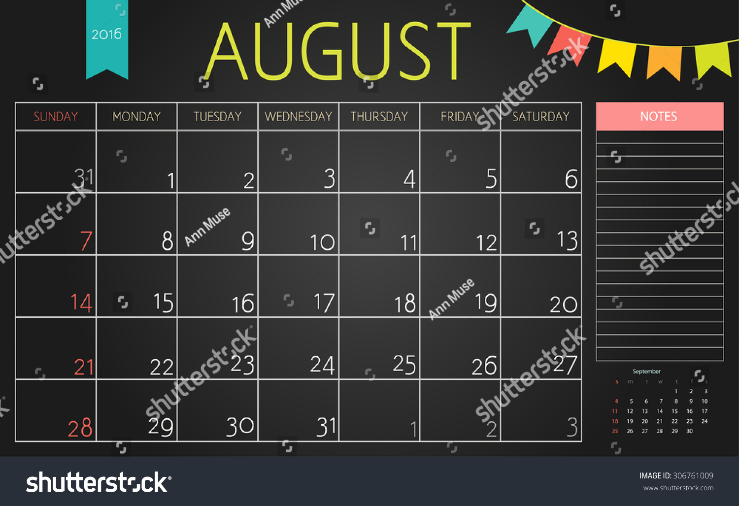 Vector simple planning calendar August 2016 with - Royalty Free Stock ...