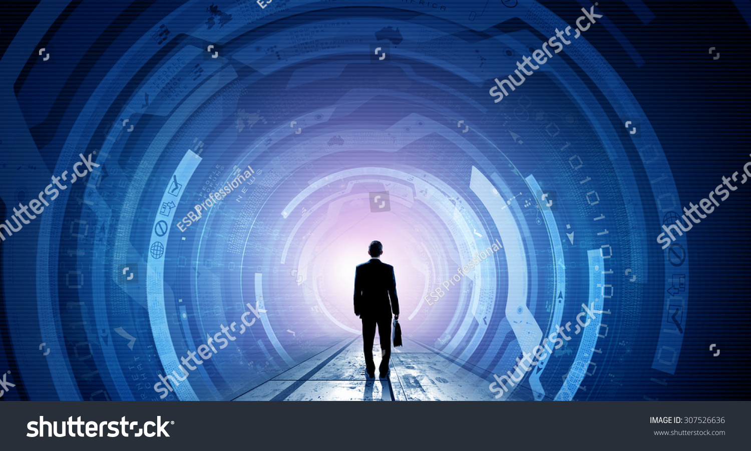 Back view of businessman with suitcase in hands looking at virtual panel #307526636