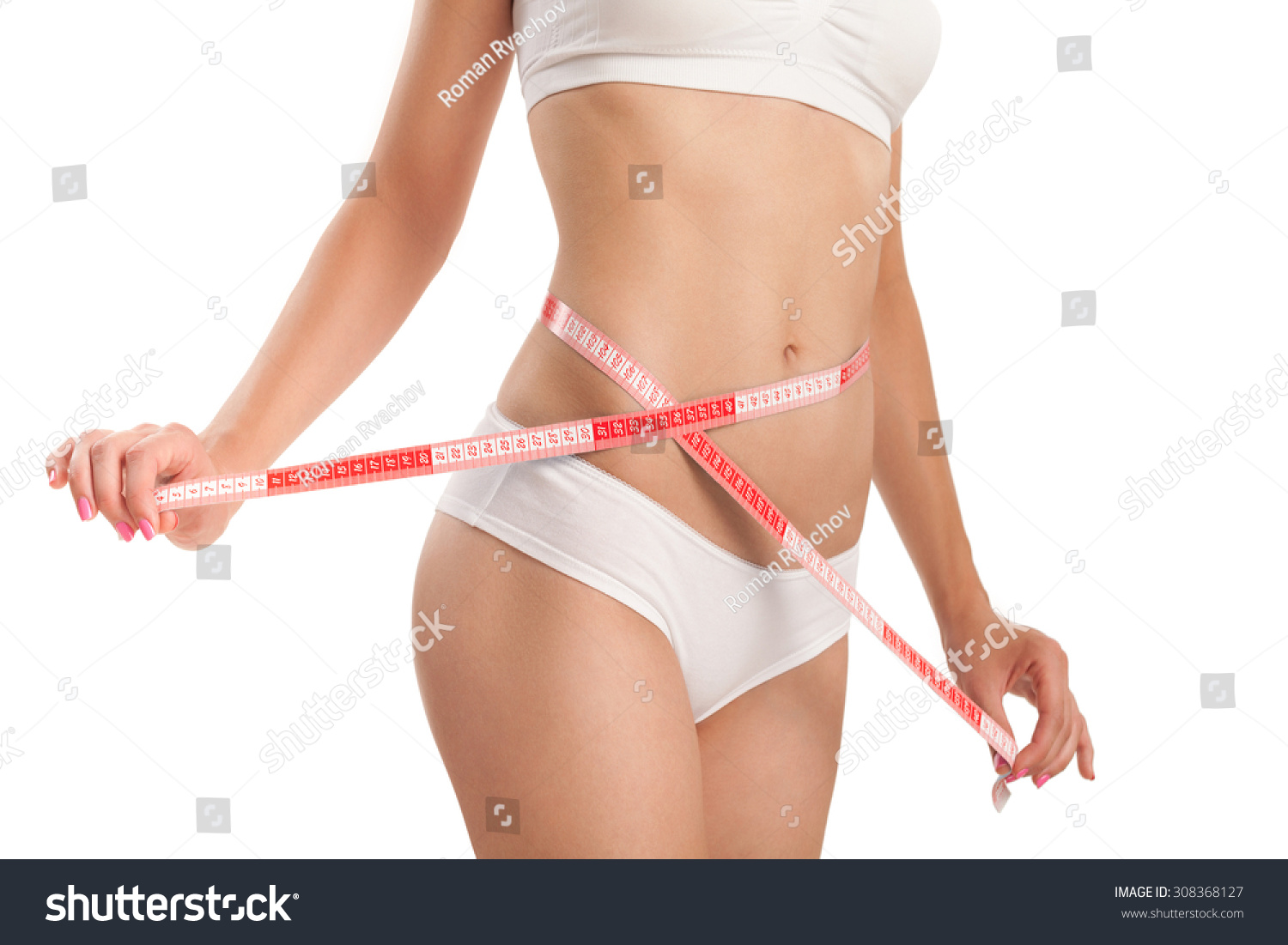 Body of woman with a measuring tape. #308368127