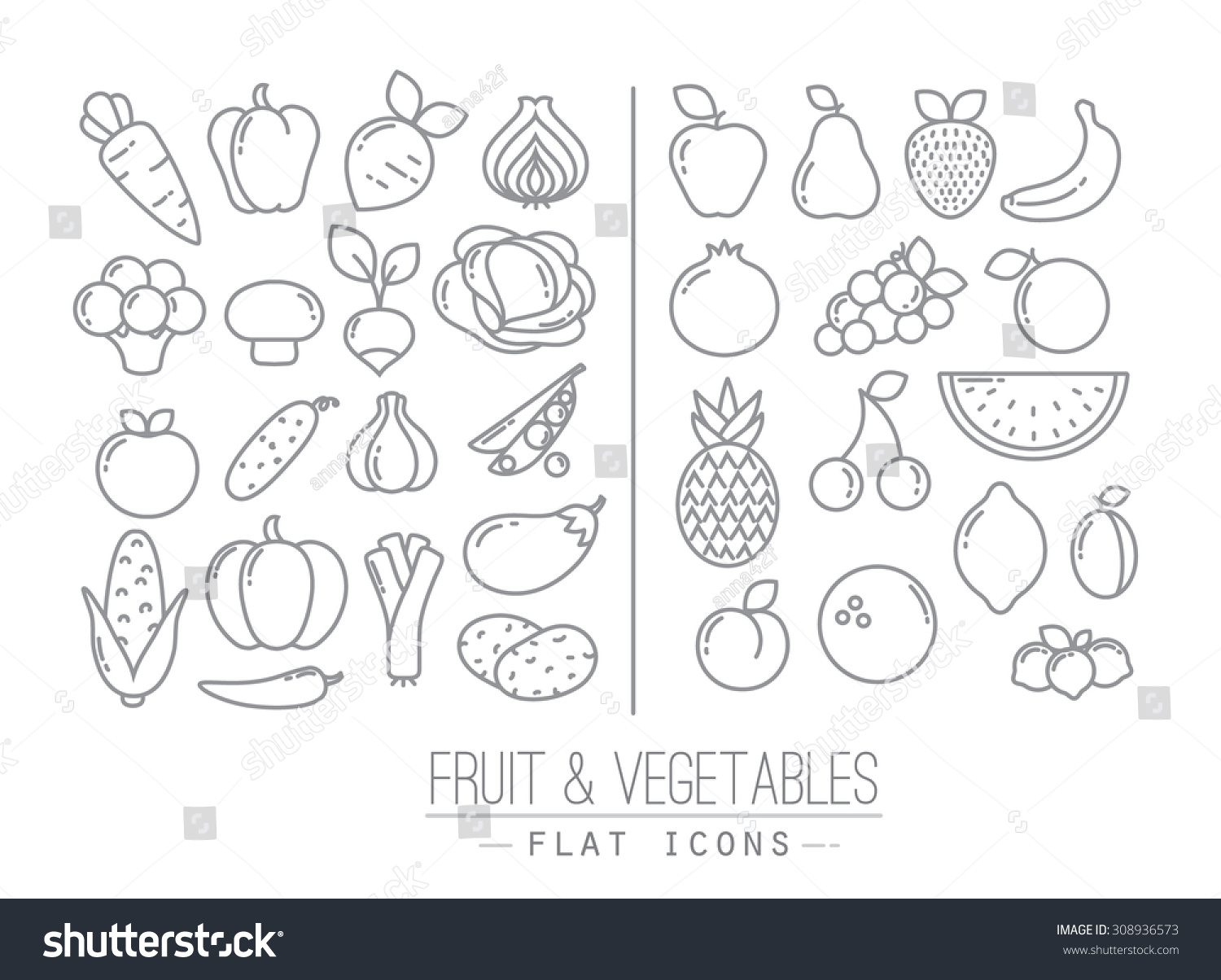 Set of flat fruits and vegetables icons drawing with black lines on white background #308936573