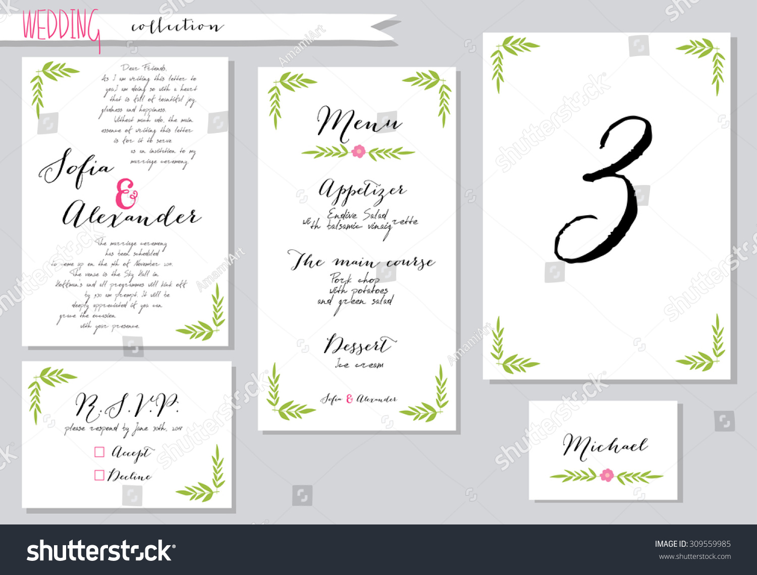 Vector illustration.Collection of wedding invitation templates with pink flowers. Wedding, marriage, save the date. Stylish simple design.  #309559985