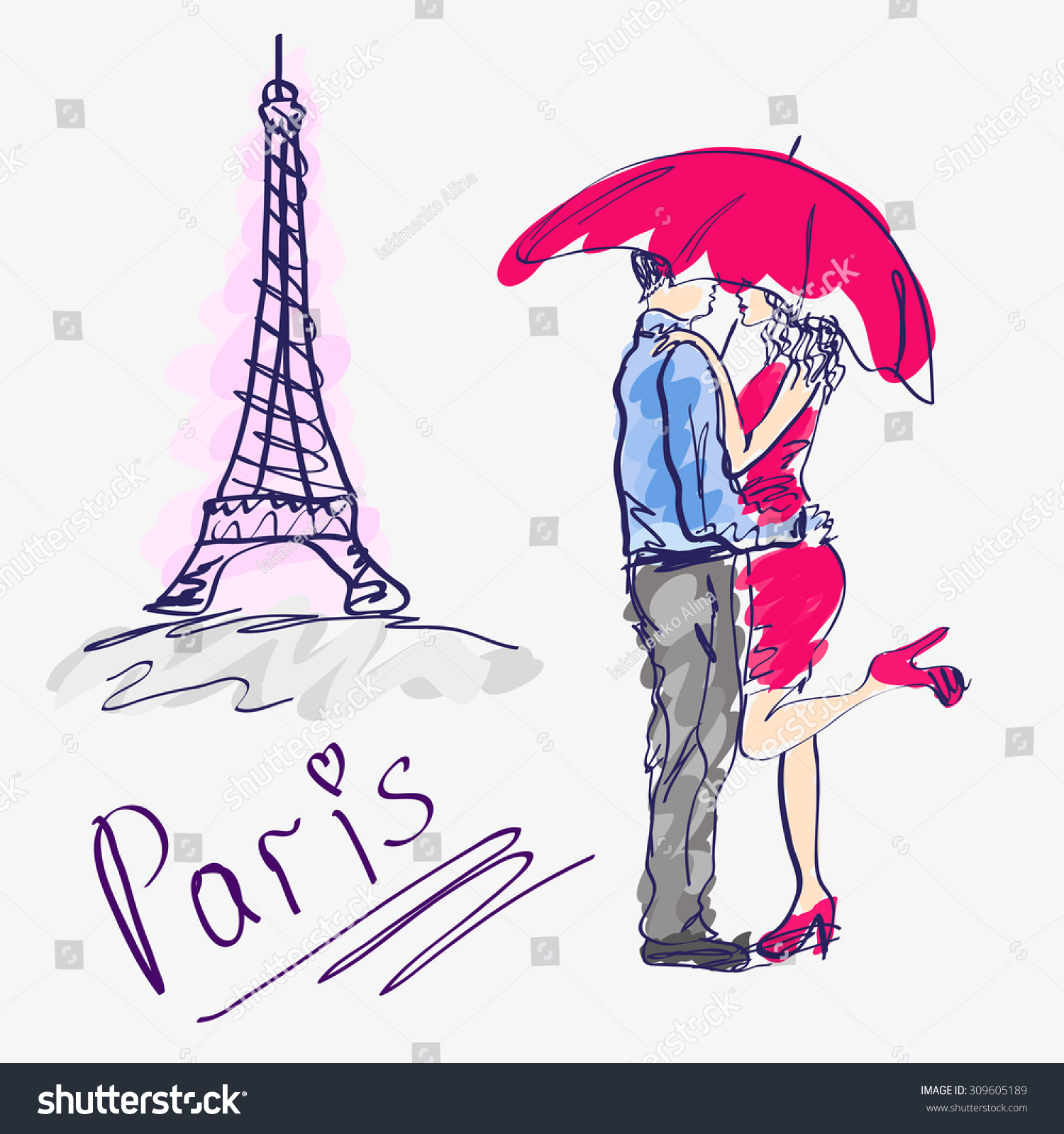 Man and woman under an umbrella , vector, sketch - Royalty Free Stock ...