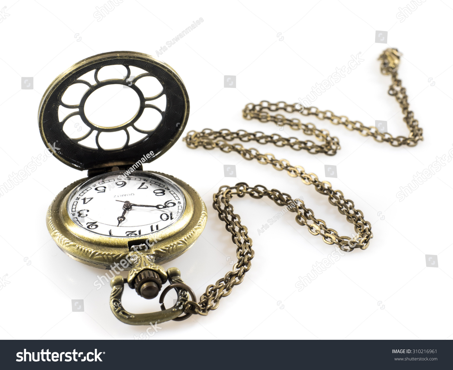 A classic pocket watch (Vintage pocket watch clock with open lid and chain isolated on a white background)  #310216961