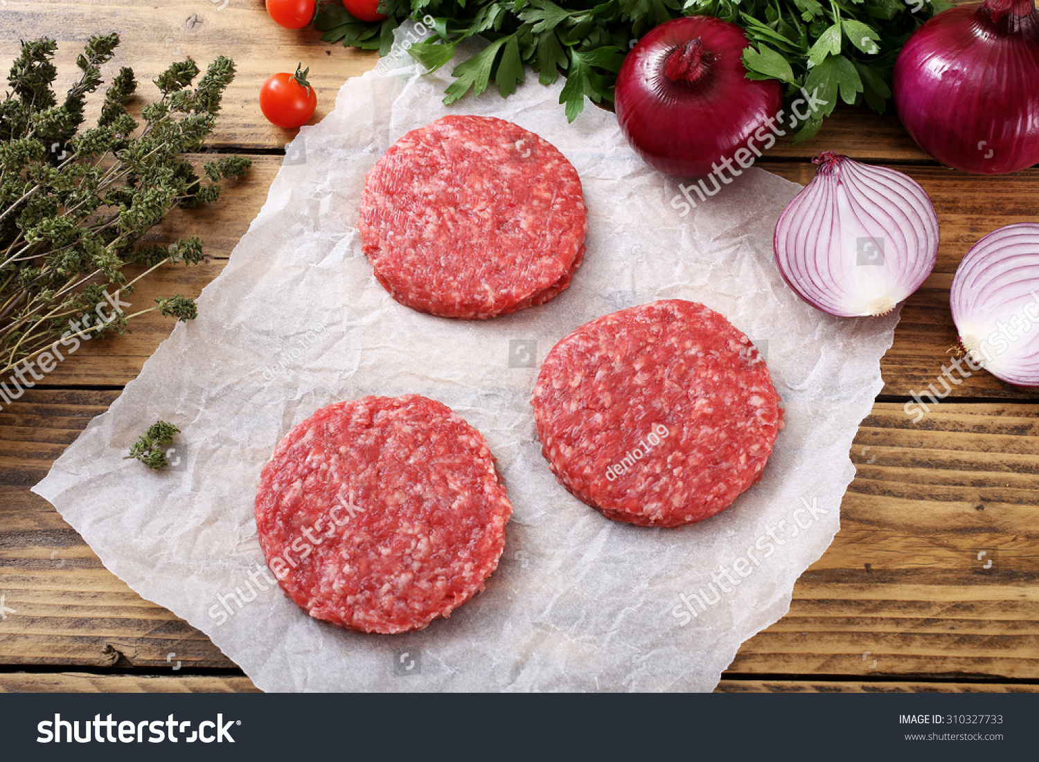 top view  Raw meat. burger steak rustic background #310327733