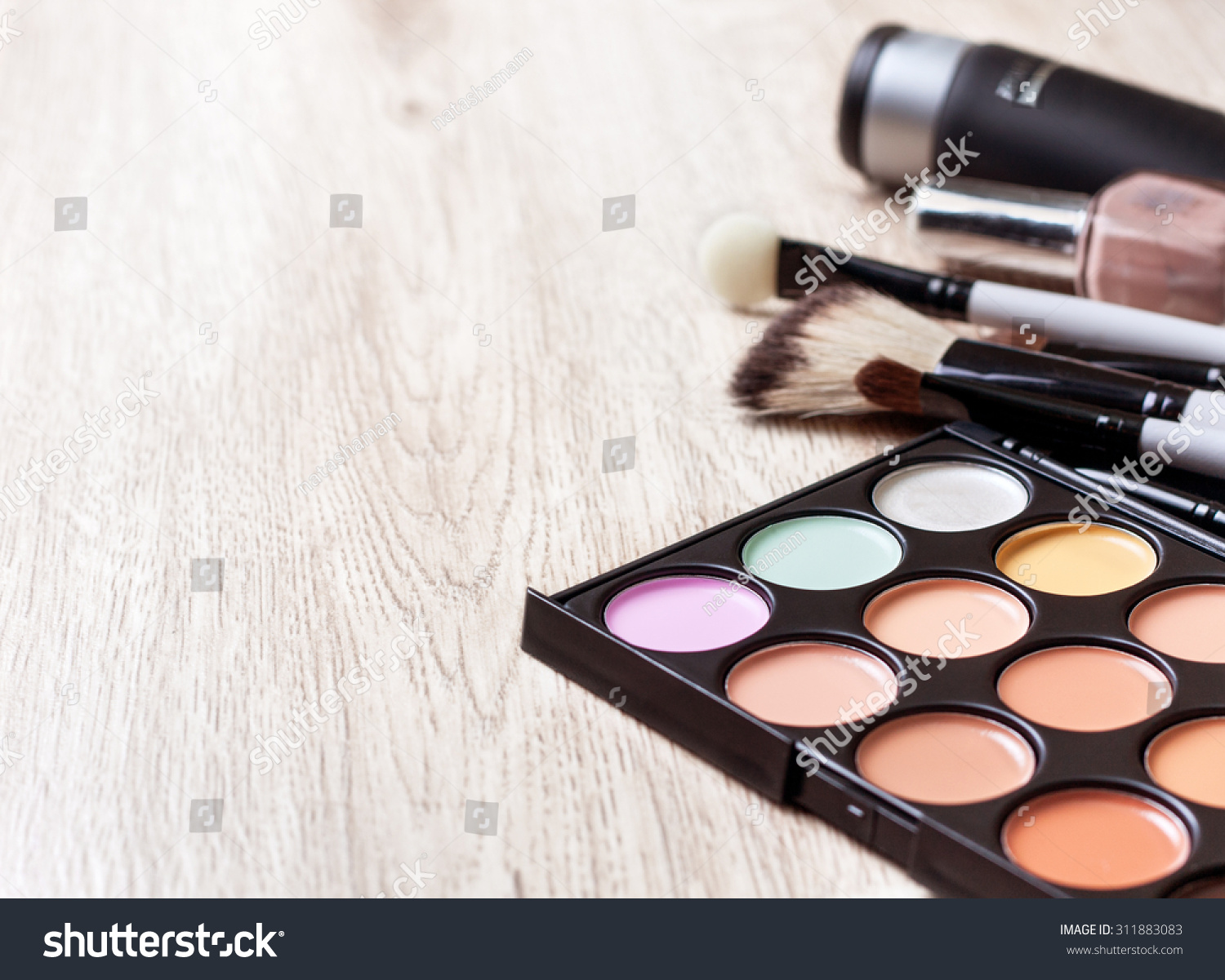 Professional makeup palette, makeup brushes, makeup products  with copyspace #311883083