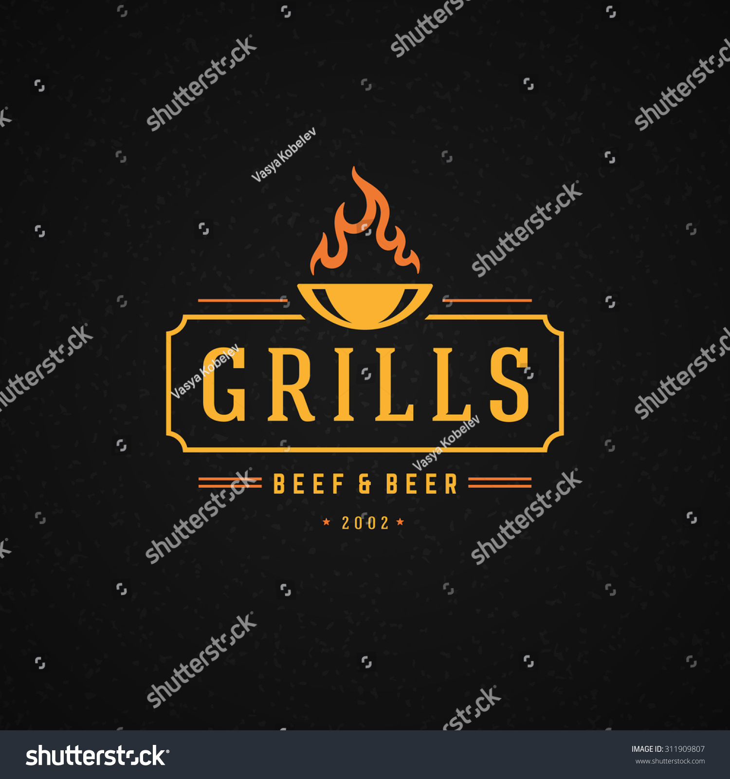 Grill Design Element in Vintage Style for Logotype, Label, Badge and other design. Fire flame retro vector illustration. #311909807