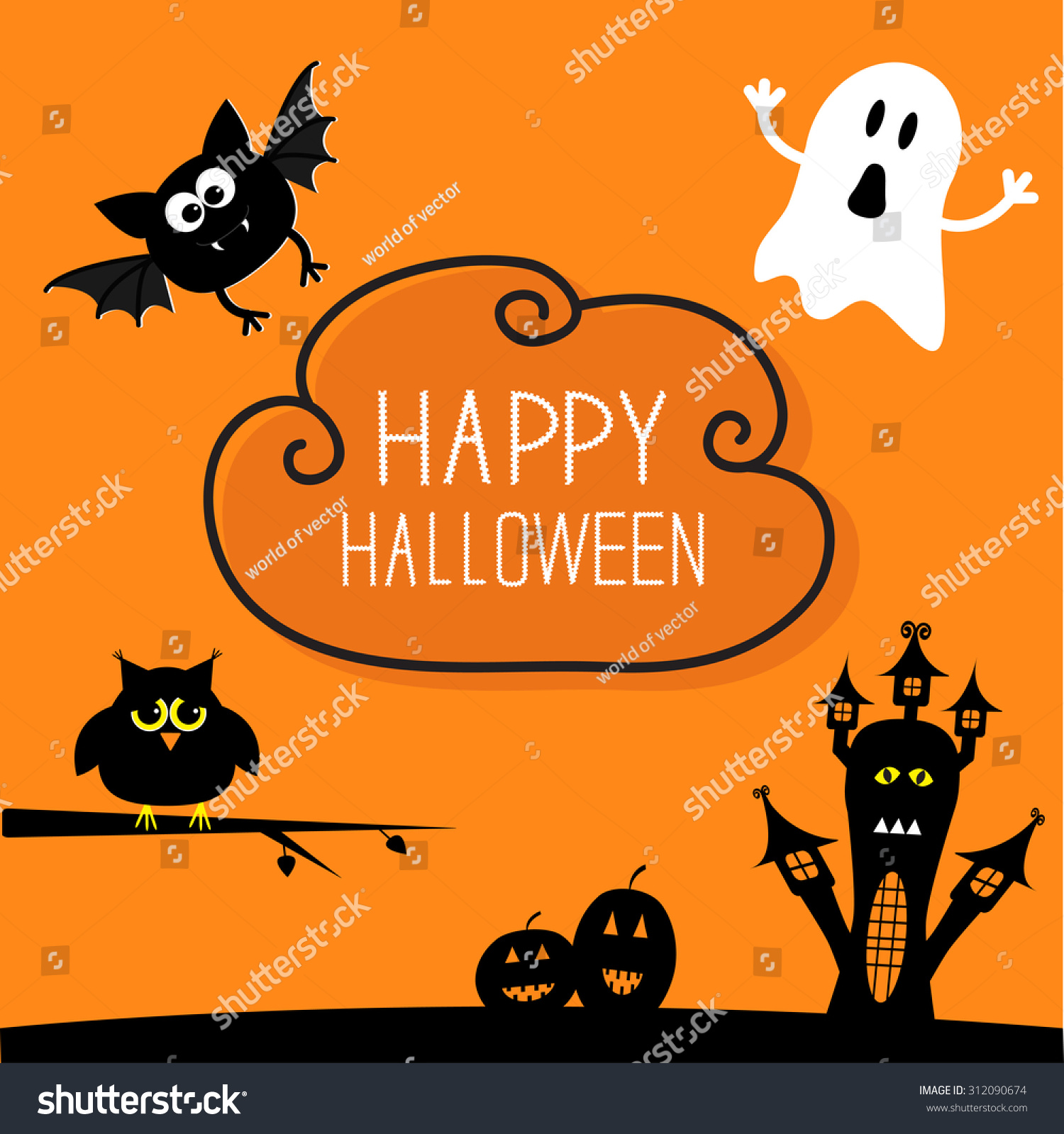 Haunted house, pumpkins, owl, bat, ghost. Cloud - Royalty Free Stock ...