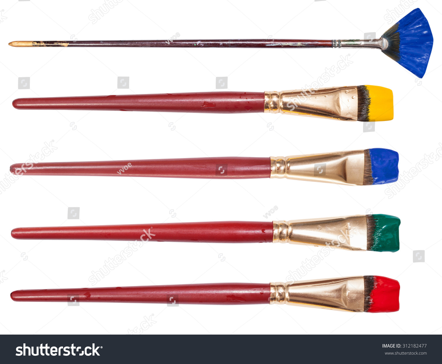 set of flat artistic paintbrushes with painted tips isolated on white background #312182477