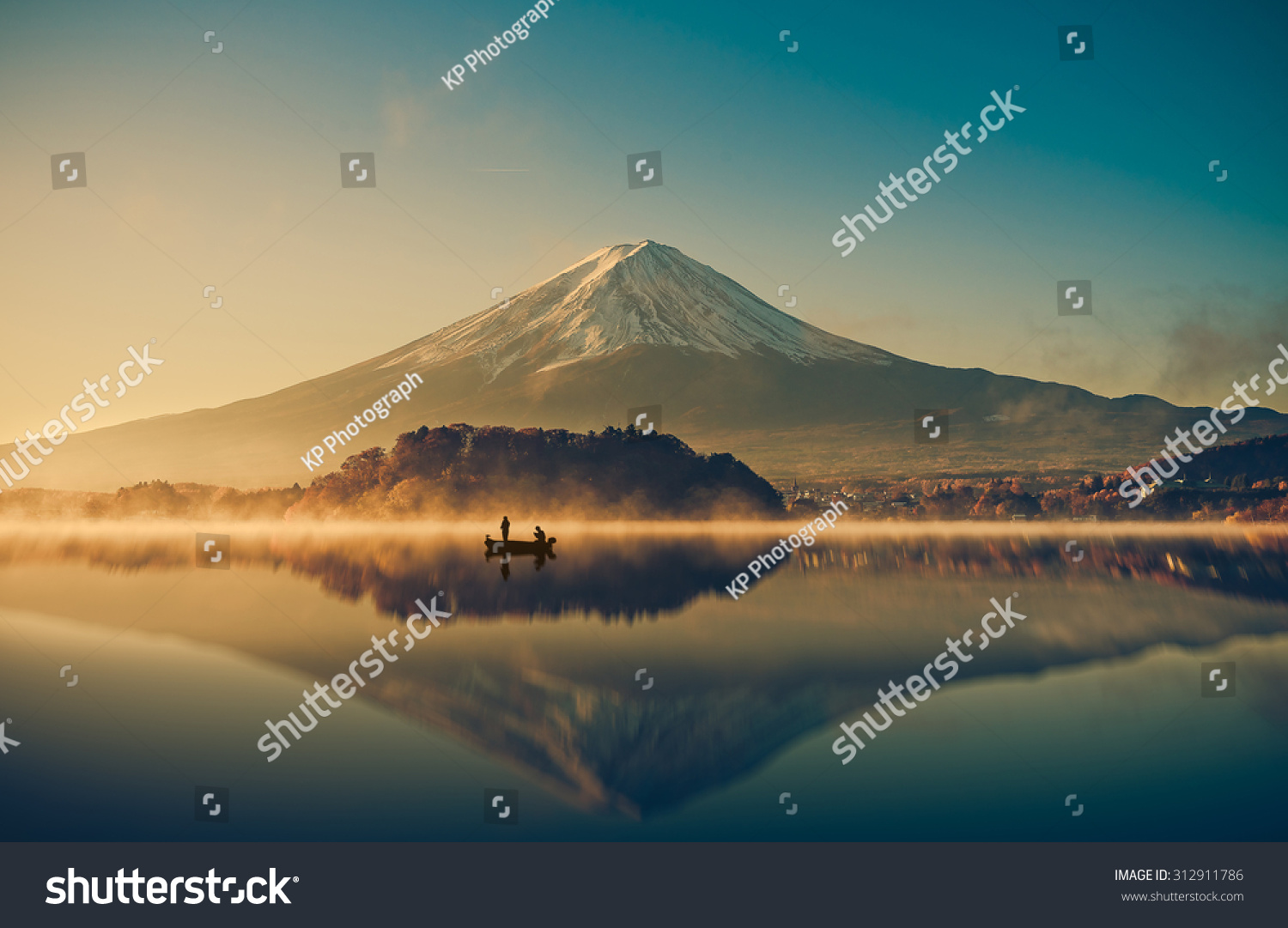 Mount fuji san at Lake kawaguchiko in japan on sunrise.  vintage tone  #312911786