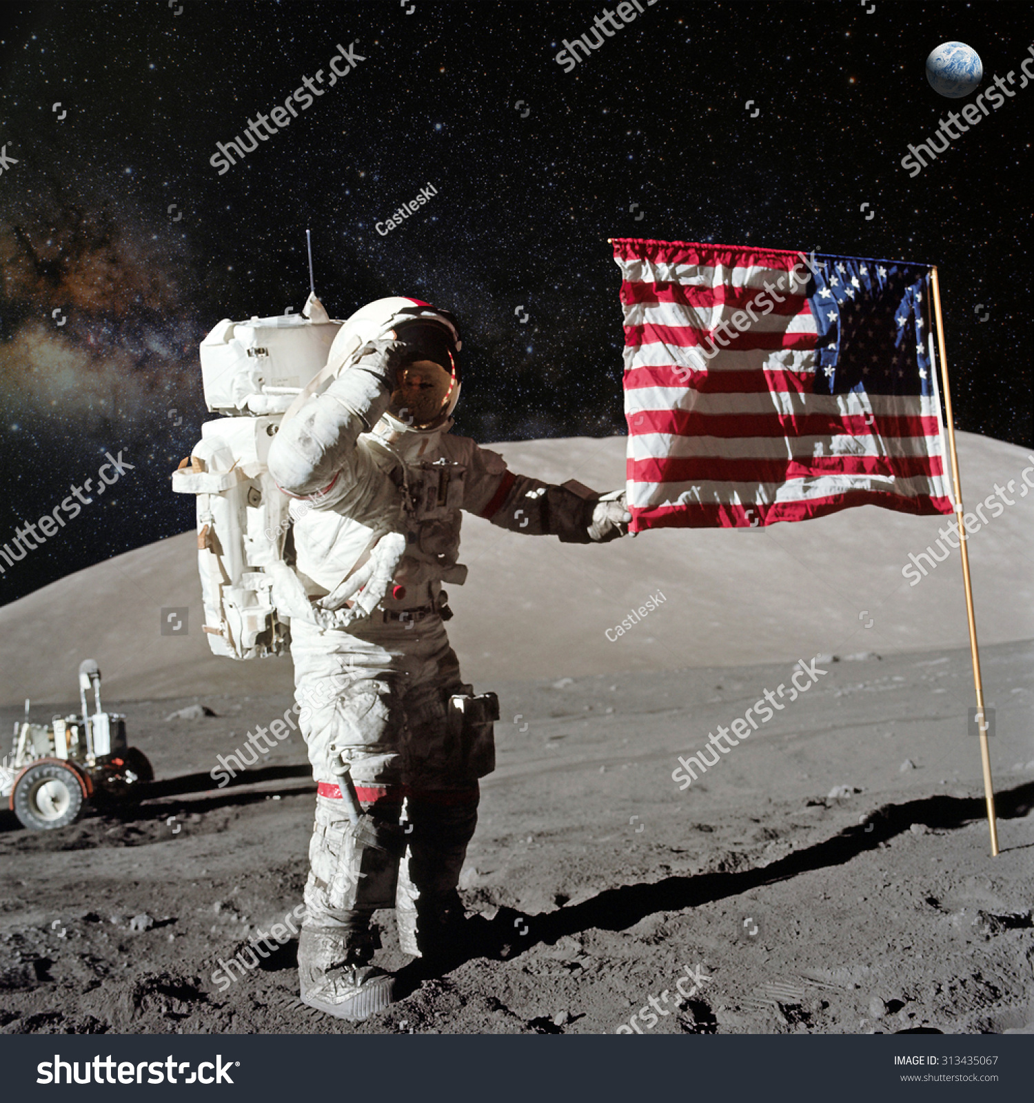 Astronaut on lunar (moon) landing mission. Elements of this image furnished by NASA. #313435067