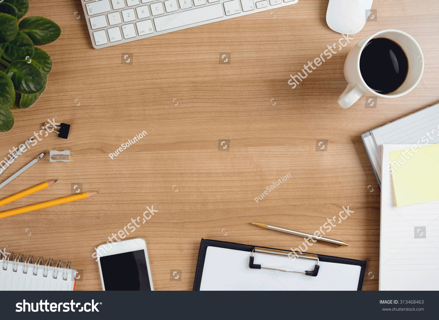 Office desk table with computer, smartphone, supplies, flower and coffee cup. Top view with copy space. Concept for website banner, mockup, background, presentation and marketing material.  #313468463