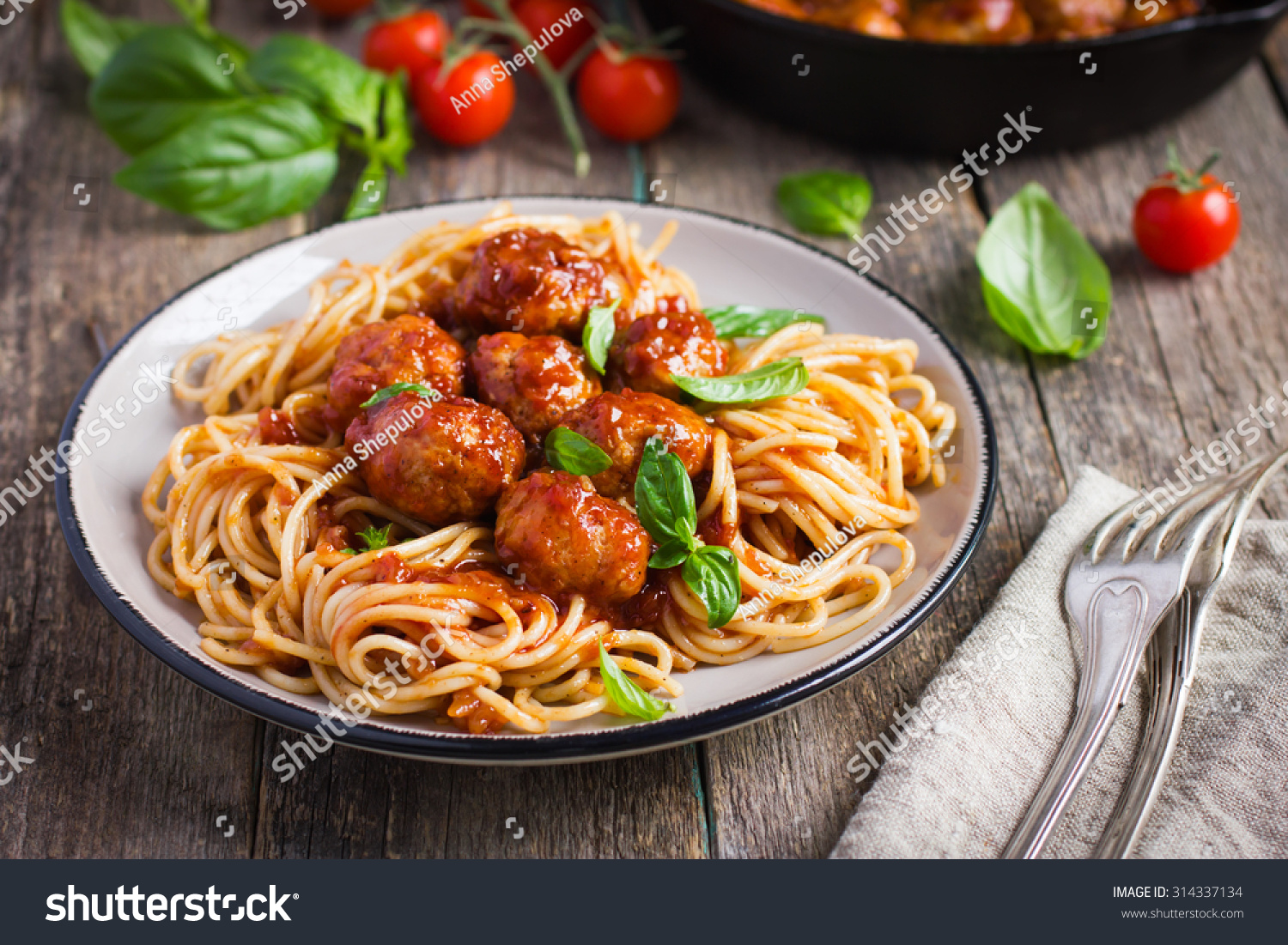 Spaghetti pasta  with meatballs and tomato sauce,  selective focus #314337134