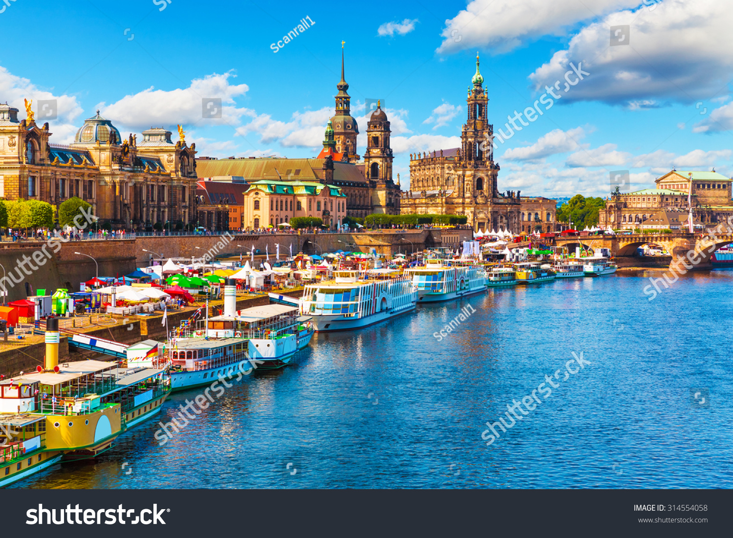 Scenic summer view of the Old Town architecture with Elbe river embankment in Dresden, Saxony, Germany #314554058