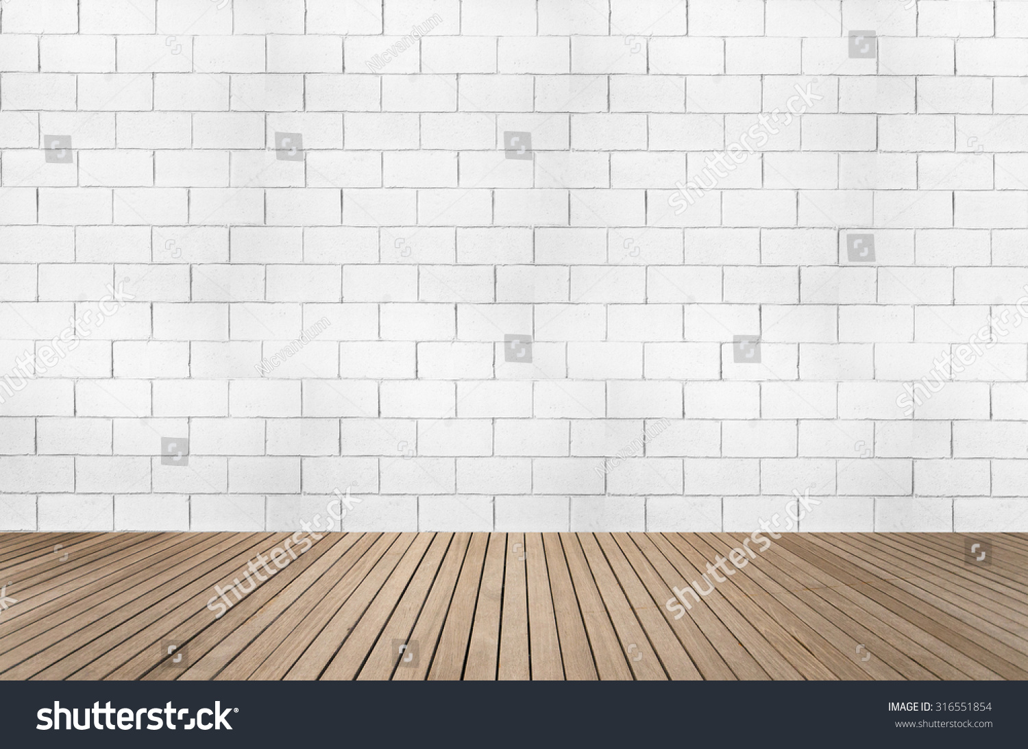 White brick wall textured background with wood floor in sepia brown tone for interiors #316551854