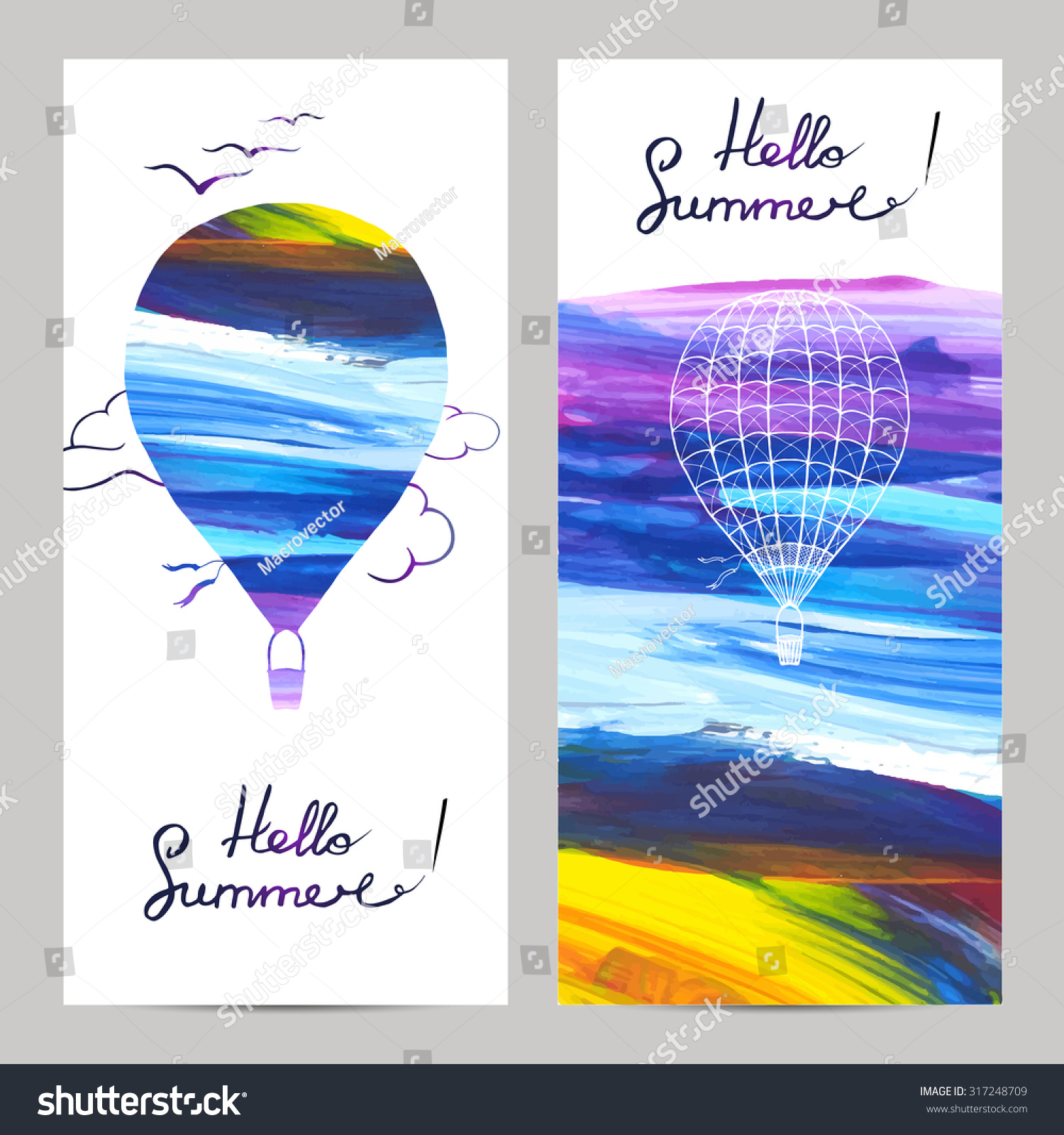 Air travel vertical banners set with hot air balloons silhouettes on painted background isolated vector illustration #317248709