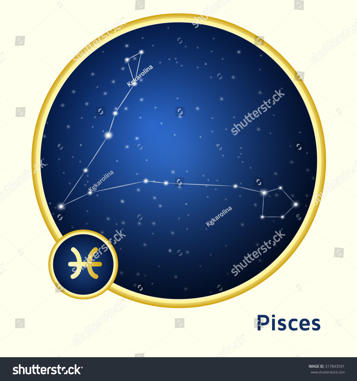 Pisces constellation zodiac sign in golden circle at starry night sky  #317843591