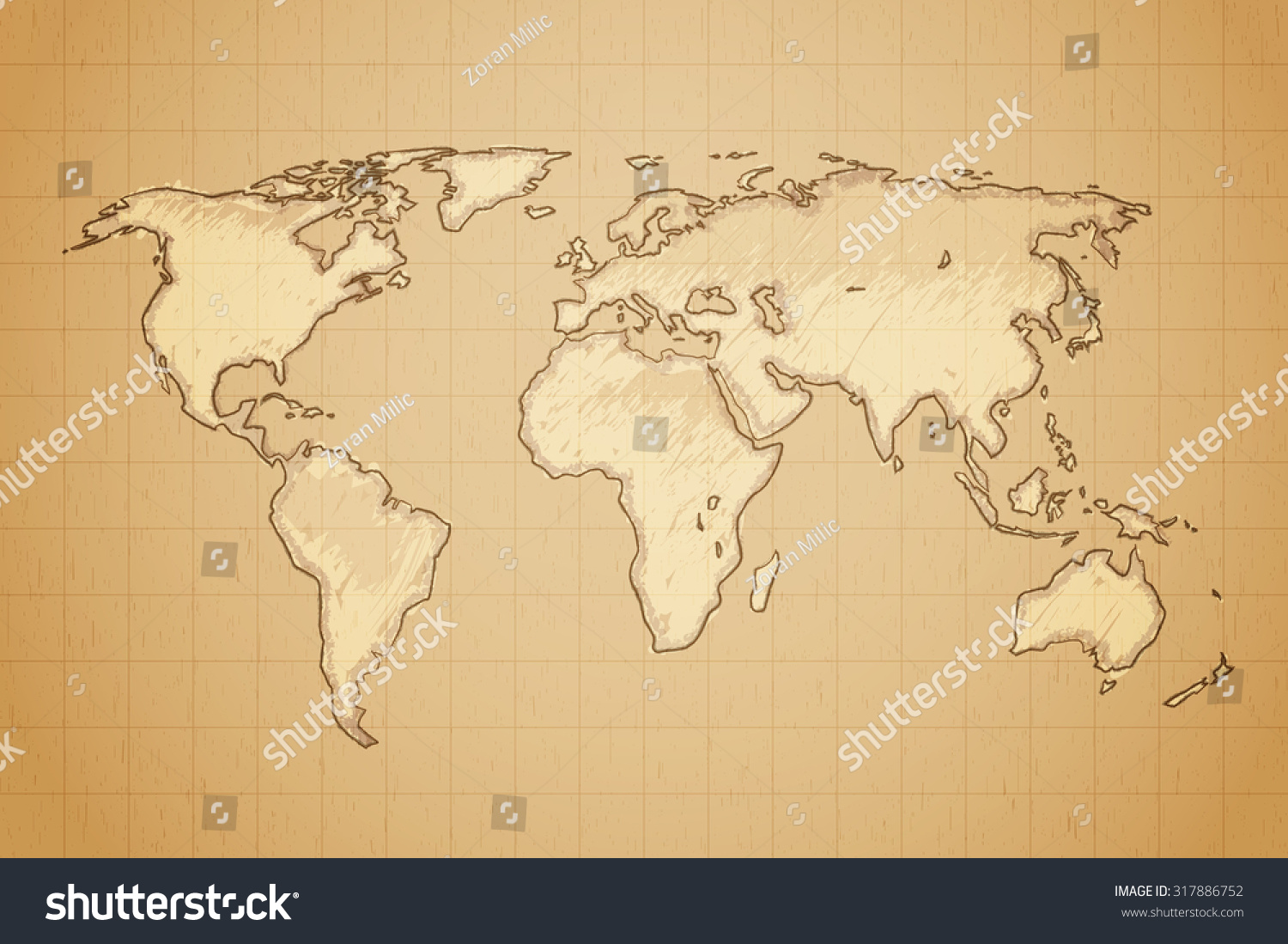 World map drawn on textured aged paper vector illustration.  #317886752