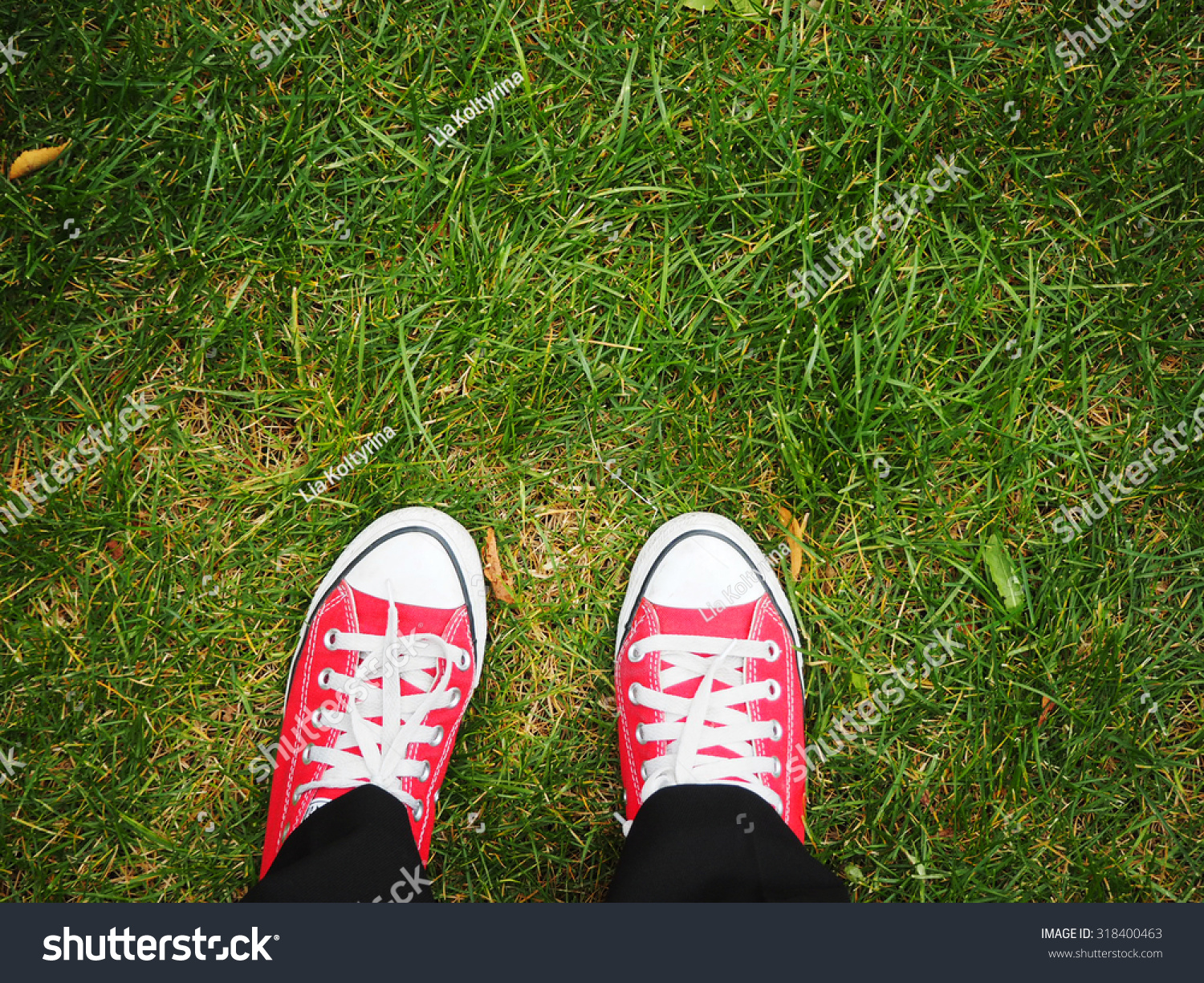 Feet in red sneakers on green grass, top view, informal style #318400463