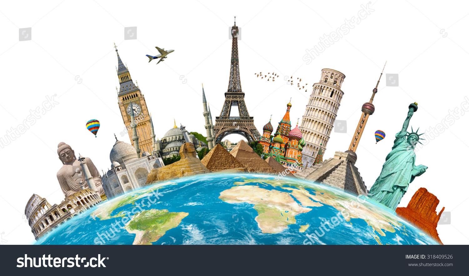 Famous monuments of the world grouped together on planet Earth #318409526