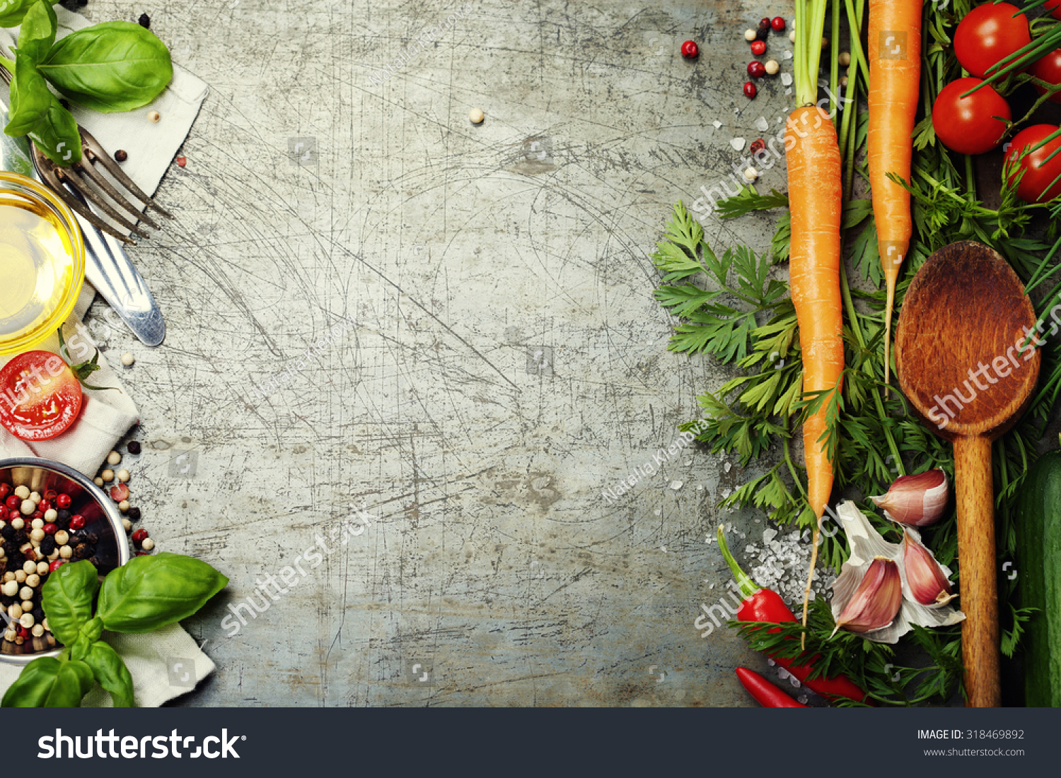 Wooden spoon and ingredients on old background. Vegetarian food, health or cooking concept. #318469892