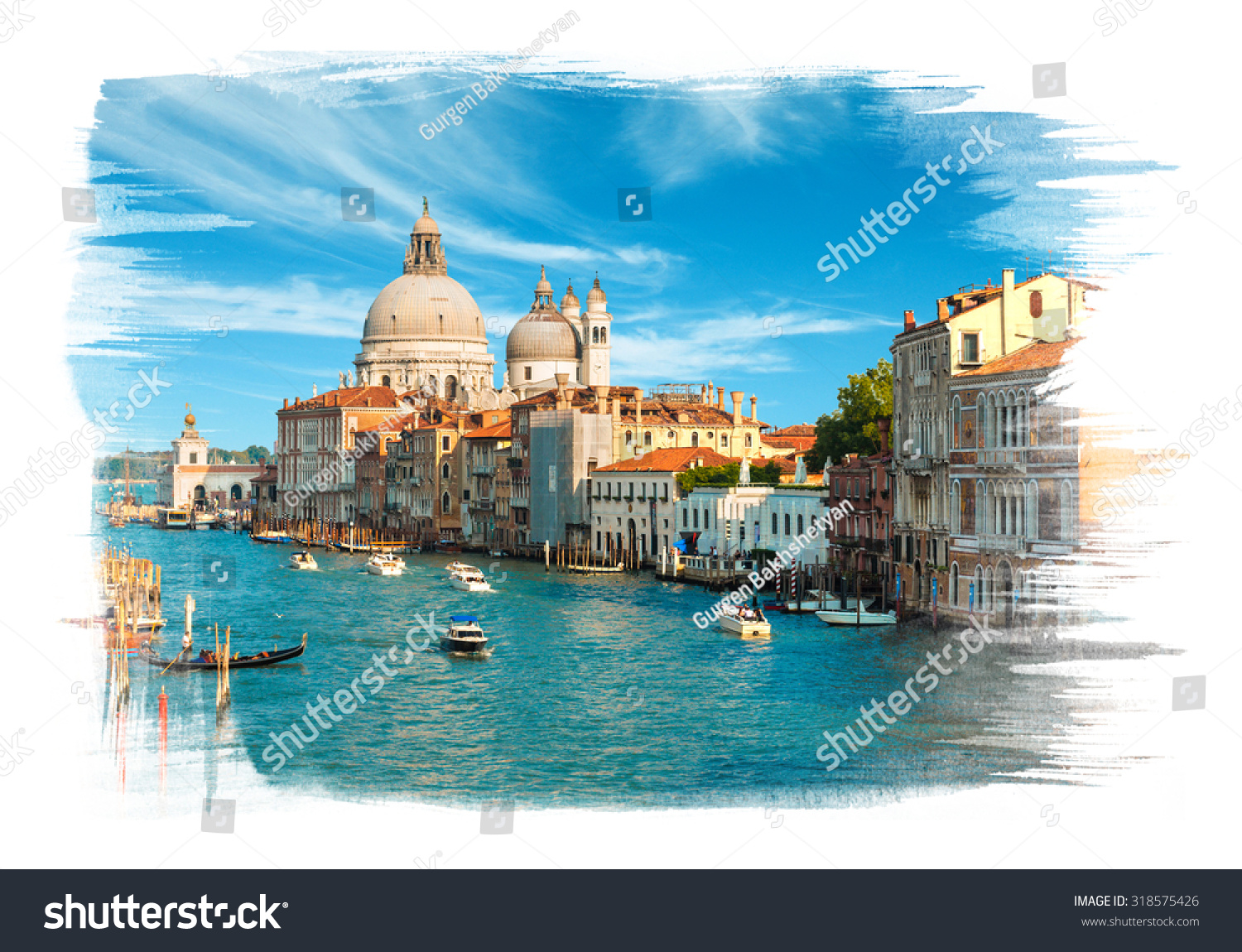 Painting of the Grand Canal and Basilica Santa Maria della Salute in the late evening, Venice, Italy #318575426