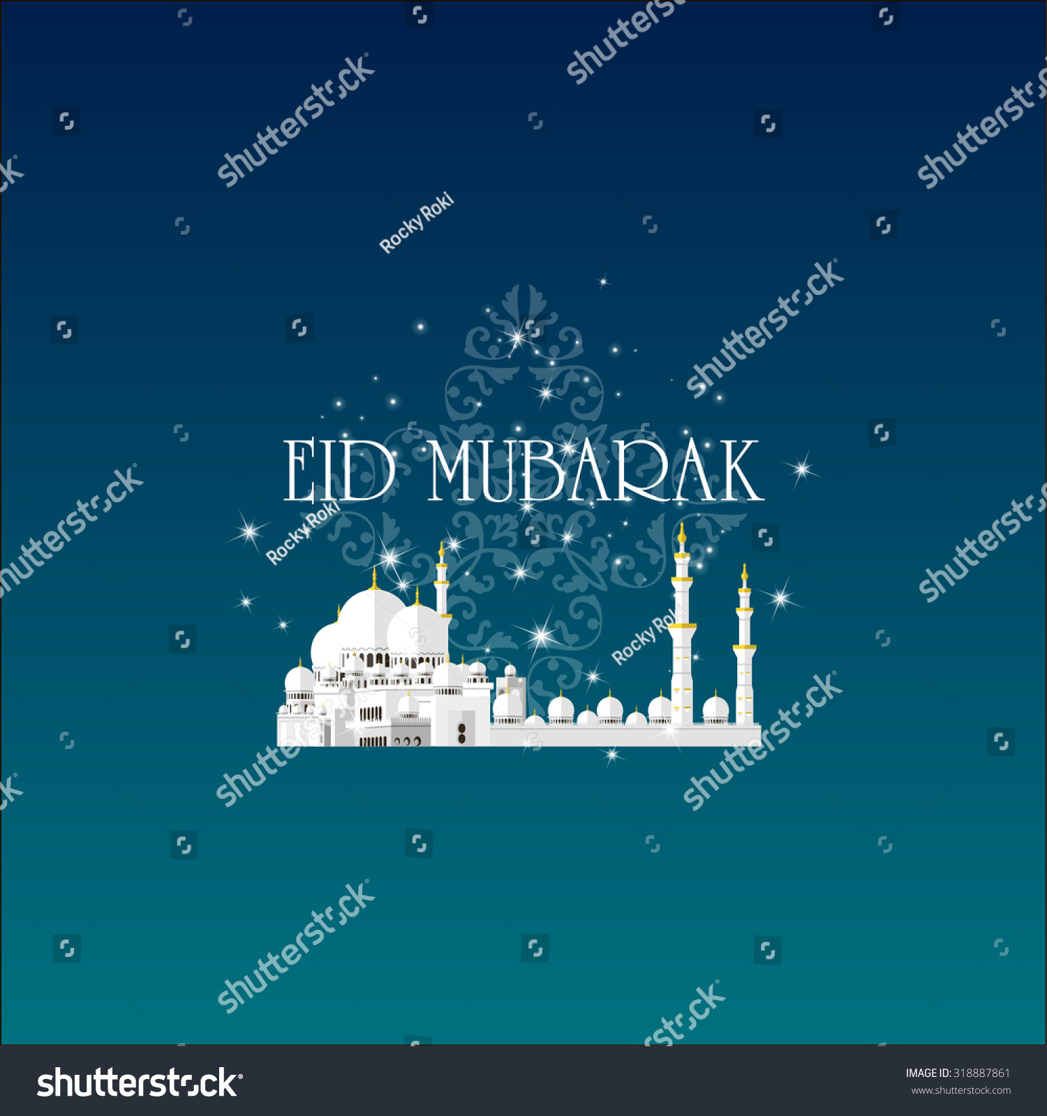 eid mubarak greeting cards. muslim background. mosque and moon with stars. vector illustration #318887861