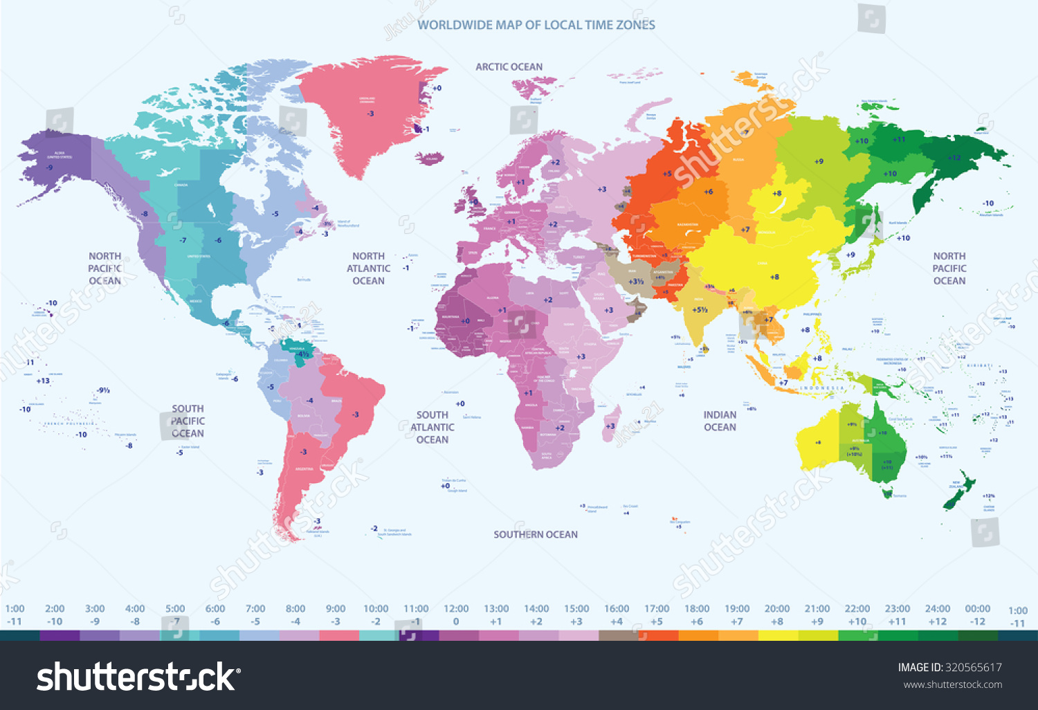 Color Worldwide Vector Map Of Local Time Zones Royalty Free Stock Vector 320565617 4940