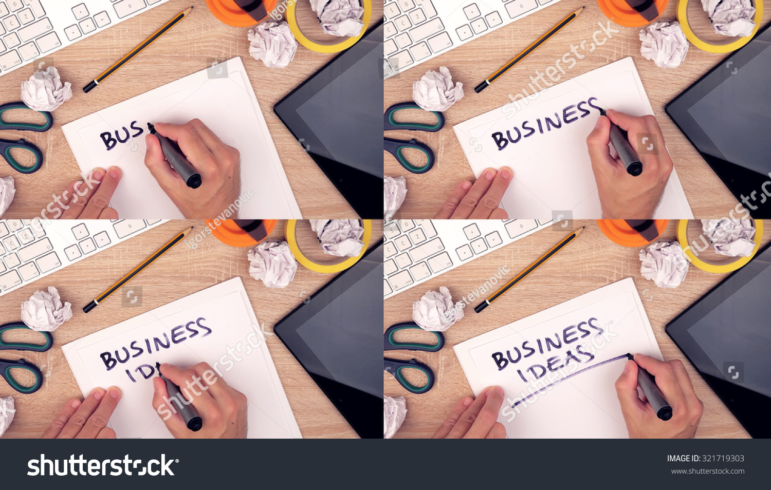 Business ideas, businessman writing ideas on paper, top view of business workspace, image sequence collage #321719303