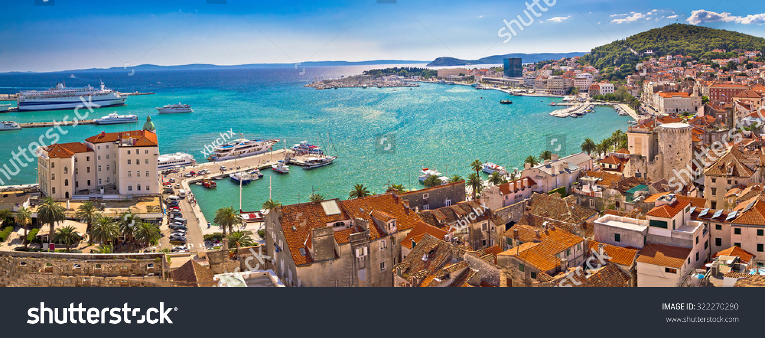Split historic waterfront panoramic aerial view, Dalmatia, Croatia #322270280