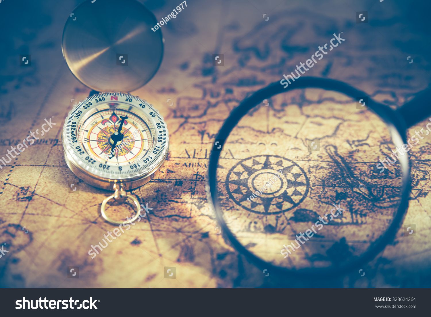 Retro compass on ancient world map, dark vintage style #323624264