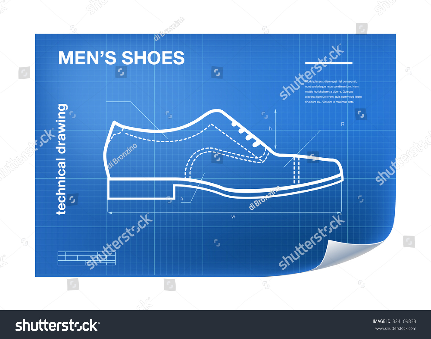 Technical wireframe Illustration with men's shoe drawing on the blueprint #324109838