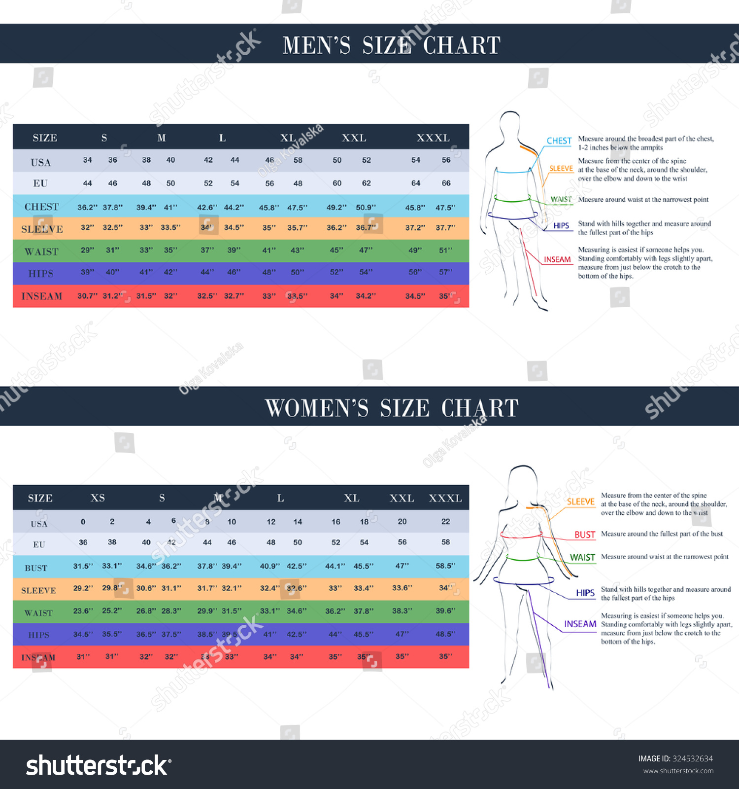 size chart for women and men / measurements for Royalty Free Stock